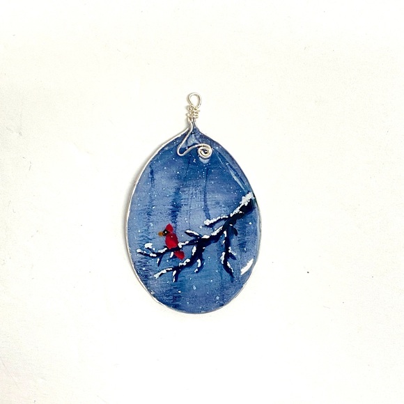 HANDMADE Mixed Media Hand Painted Acrylic Resin Art Cardinal Statement Pendant - Picture 2 of 9